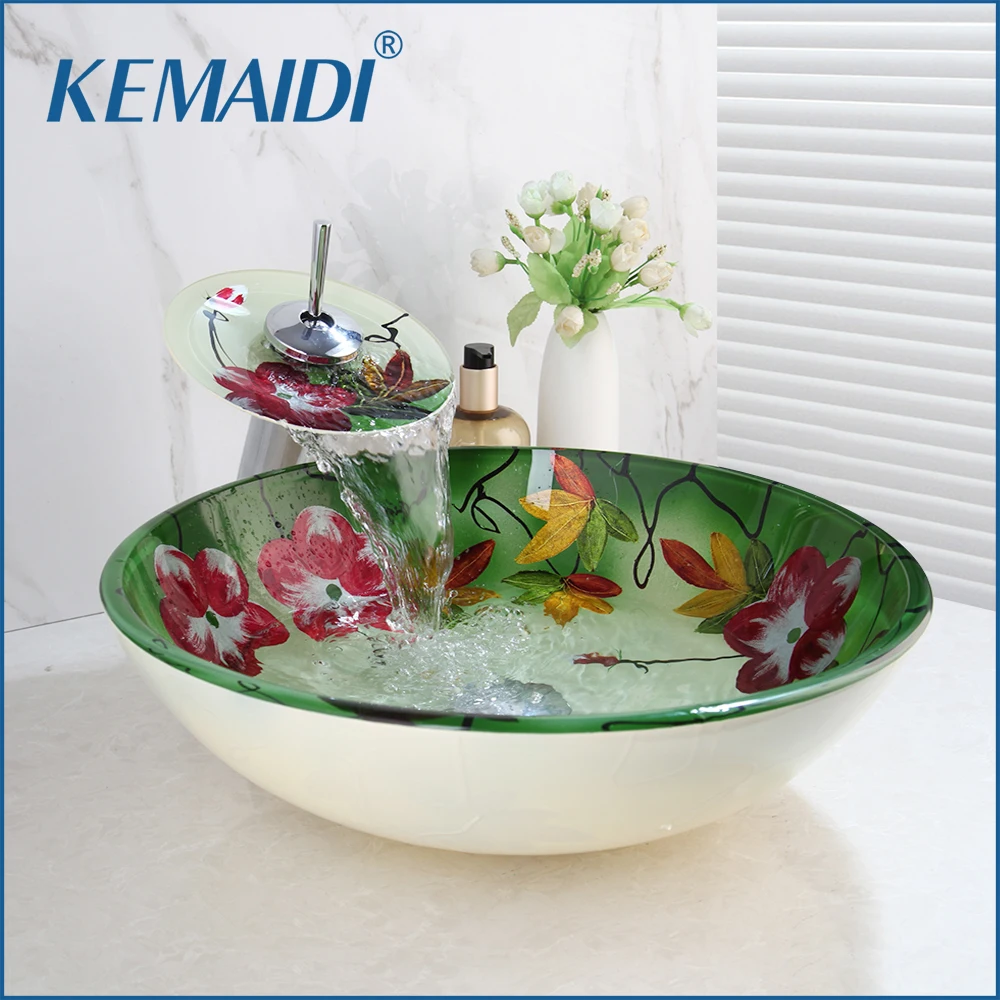 

KEMAIDI Round Bathroom Vessel Sinks Green Glass Sink Above Counter Bowl Sinks Bathrooms Tempered Glass Basin Faucet Combo