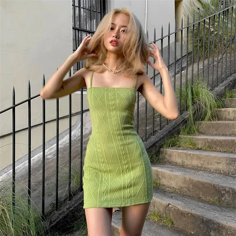 

Avocado green knitted suspender skirt women's short skirt solid color girly feeling waist and thin package hip Y2k dress