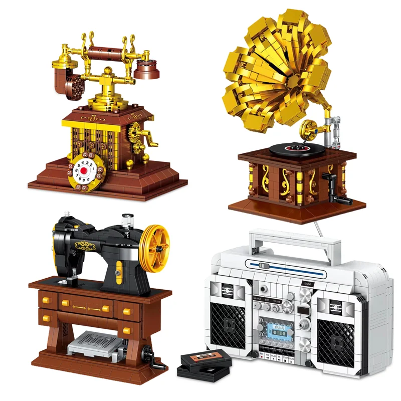 

Classic Creative Building Blocks Gramophone Vintage Telephone Radio Sewing Machine Model Kid Gifts for friends