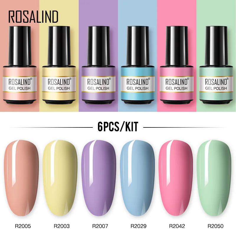 

ROSALIND 6PCS Nail Gel Polish Set Pure Color Vernis Semi Permanent Hybrid Varnishes Base Top Coat UV Nail Art Gel Polish Kit