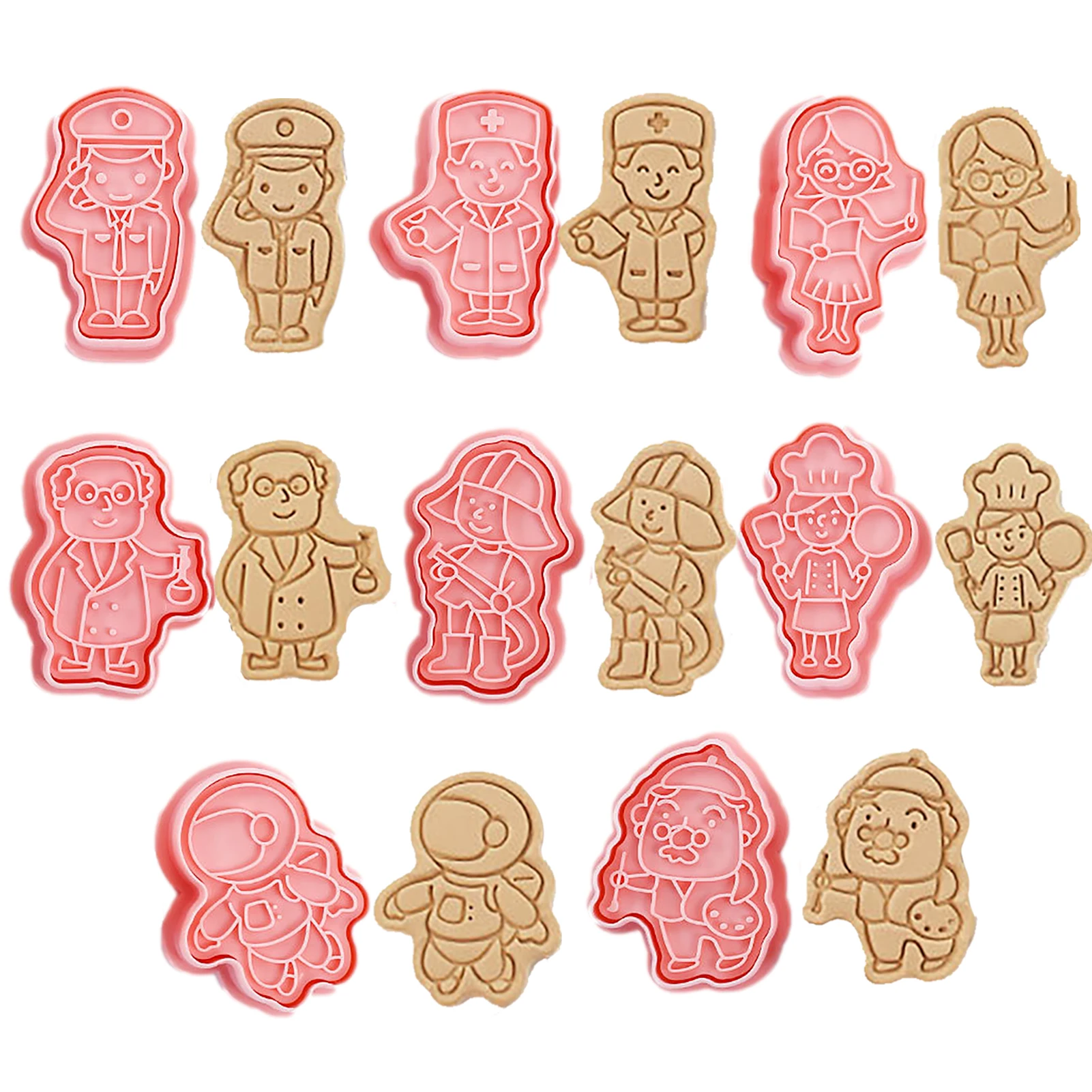 

PP 3D Cookie Stamps Set 8 Styles Cartoon Stamped Embossed Biscuit Mold For Chef Scientist Teacher Shaped Cookie Molds For Baking