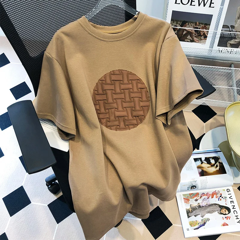 

2023 Summer New Cotton Short Sleeve T-shirt Women's Fashion Round Neck Pullover Medium Length Khaki High Quality Top