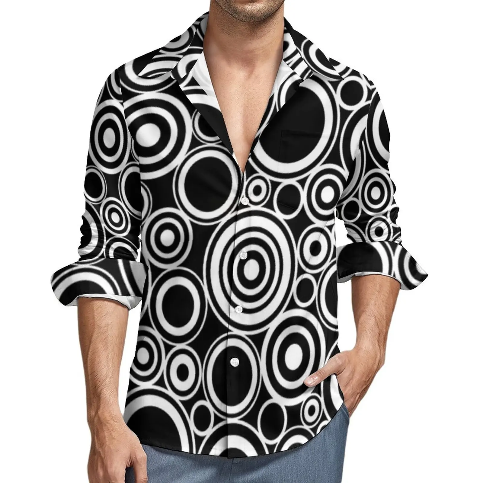 

Black White Circles Street Style Casual Shirt Men Geometric Retro Shirt Spring Trendy Blouses Long Sleeve Graphic Oversized Tops