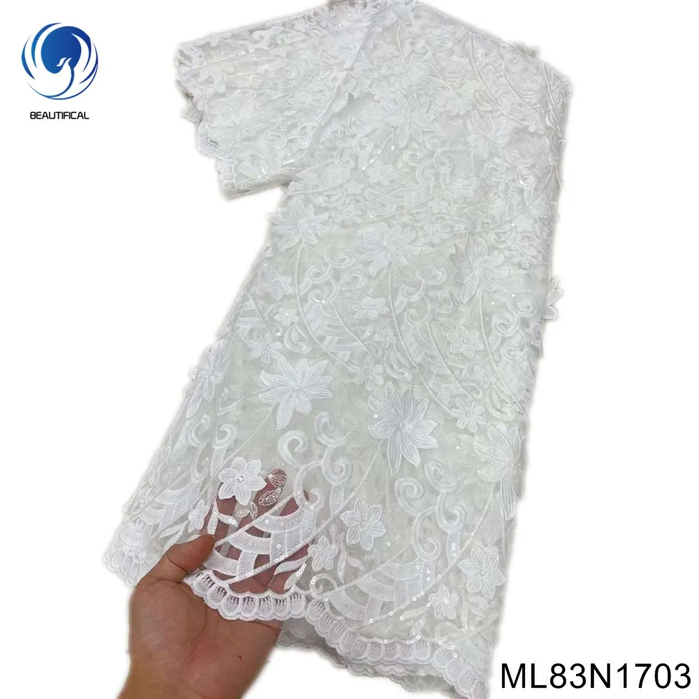 2022 High Quality 5 Yards Sequence Sequins Embroidery French Wedding Mesh Net Lace Fabrics for Sew Clothes ML83N17
