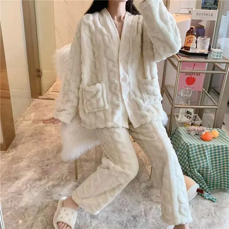 

Sets Color Mujer Pijama Solid Flannel Suits Autumn Sleepwear Winter Kawaii Women Pajama Homewear Pyjamas Girl Loung Night