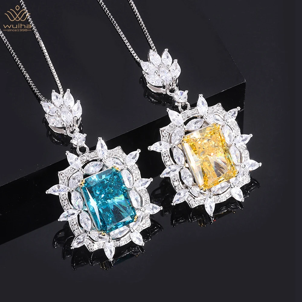 

WUIHA Luxury 925 Sterling Silver 10*14MM Sapphire Faceted Gemstone Pendant Necklace For Women Anniversary Gift Jewelry Wholesale