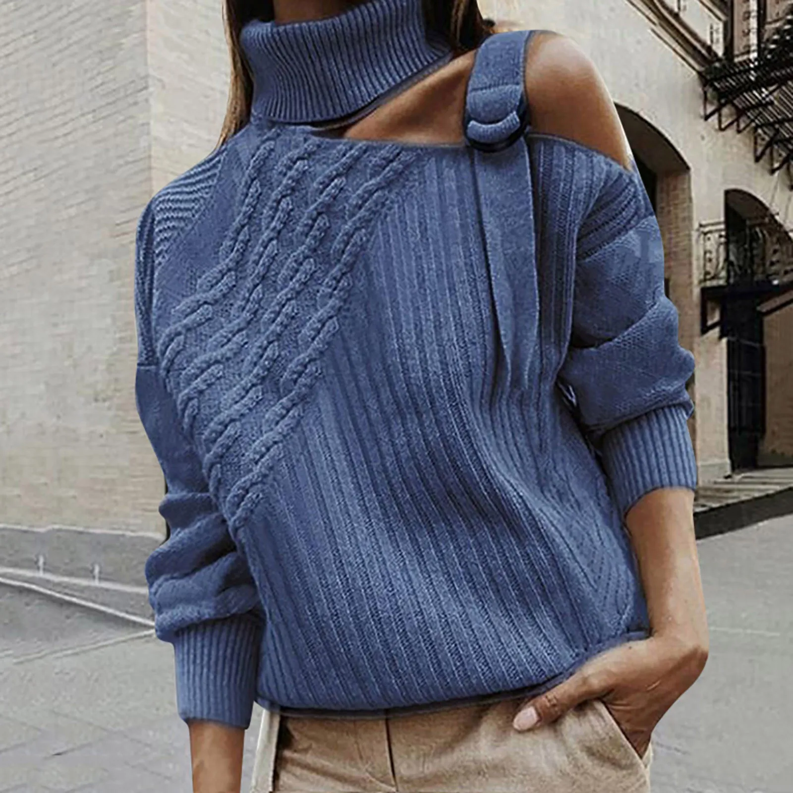 

Women Oversized Turtleneck Sweaters Long Sleeve Cold Shoulder Colorblock Knitted Elegant Warm Sweater Pullovers Knitwear Jumpers