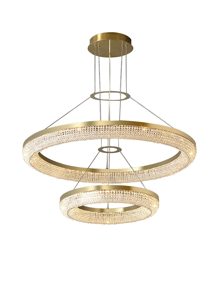 

2 Layers Crystal Modern Suspension Gold Round Chandelier Height Adjustable Dimmable LED Home Decor Appliance Light Fixture
