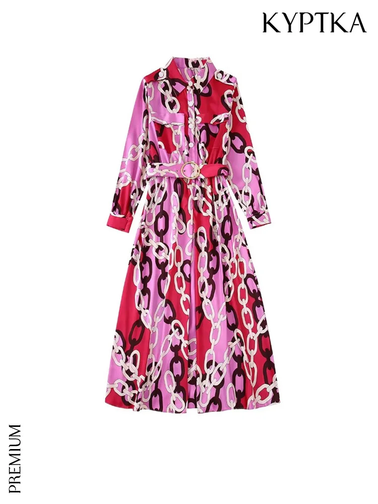 

KYPTKA Women Fashion With Belt Chain Print Midi Shirt Dress Vintage Long Sleeve Front Button Female Dresses Vestidos Mujer