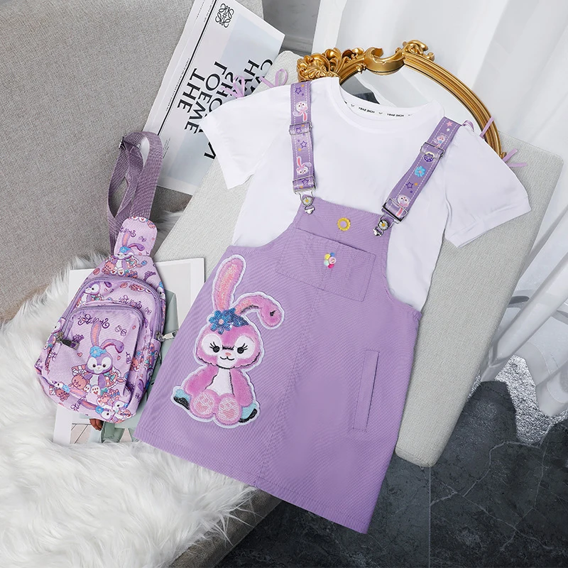 

Girls Star Dew Clothes Set Summer Cartoon Applique Suit Kids T-shirt with Purple Sundress Two Piece 3-12Y Children Casual Outfit