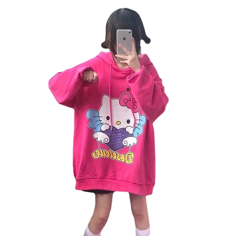 Kitty Cat Hoodie Women's Loose Top Sanrioed Long Sleeve Punk Goth Loose T-shirt Y2k Anime Cute Animals Girlfriend Gift