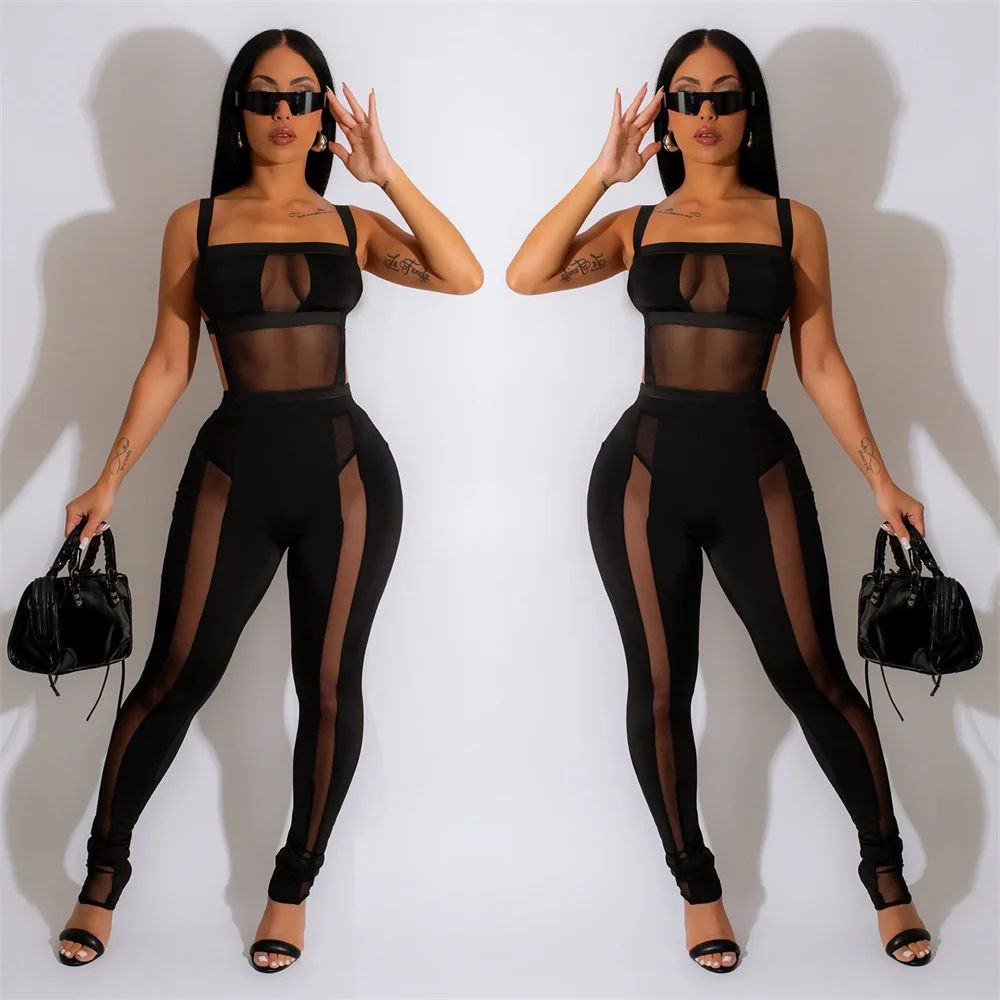 

Sexy Jumpsuit Women Transparent Black Bodysuit Mesh Hollow Out Rompers Summer See Through Jumpsuit Two Piece Set Night Club