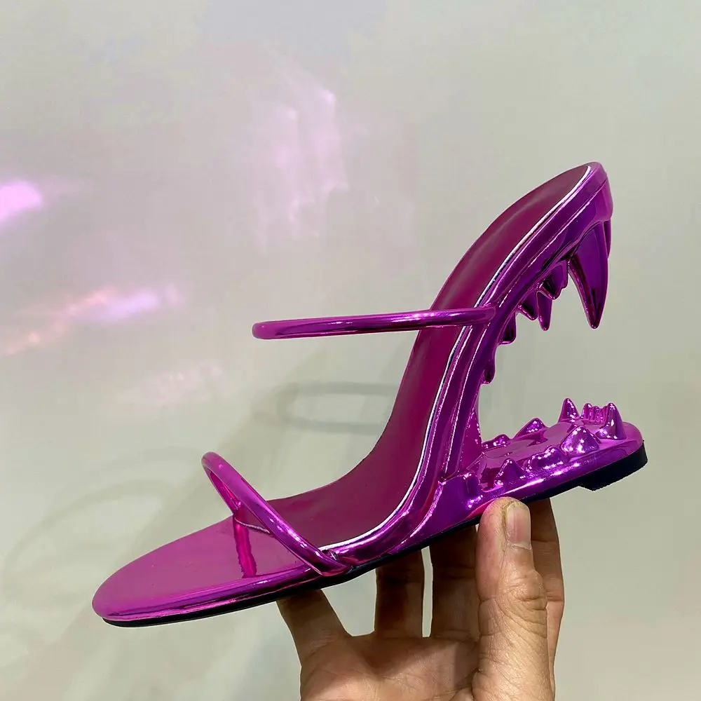 Women Gold Fretwork Teeth Heels Sandals Double Thin Strap Lady Summer New Toothed Shark Mouth High Heel Slippers Round Toe Shoes