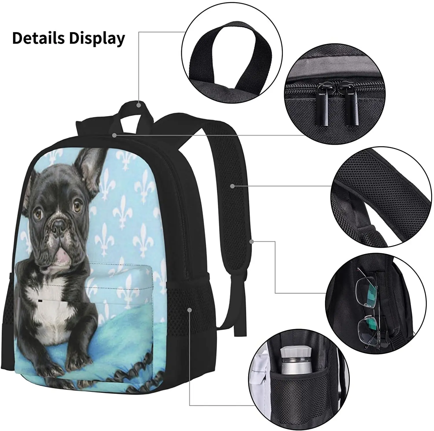 French Bulldogs Girl Schoolbag Travel Bag Casual Daypack Lunch Bag Pencil Case for Boys Teens Girls 3pcs Sets