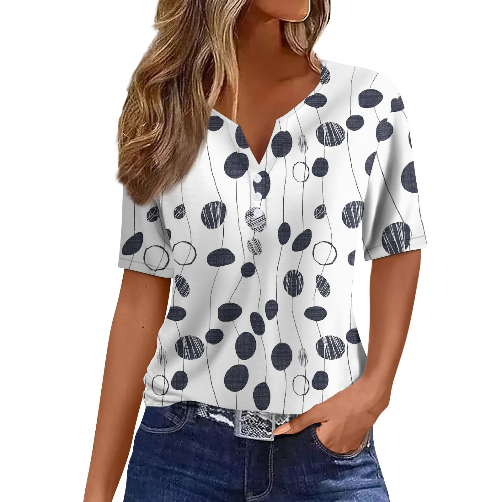 Блузка женская с V-образным вырезом и коротким рукавом на пуговицах