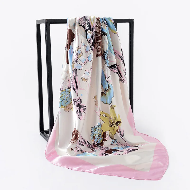2023 Fashion Square Silk Scarf 90X90CM Multifunction Vintage Hijab Headscarf For Women Hair Band Soft Print Neck Scarf Satin