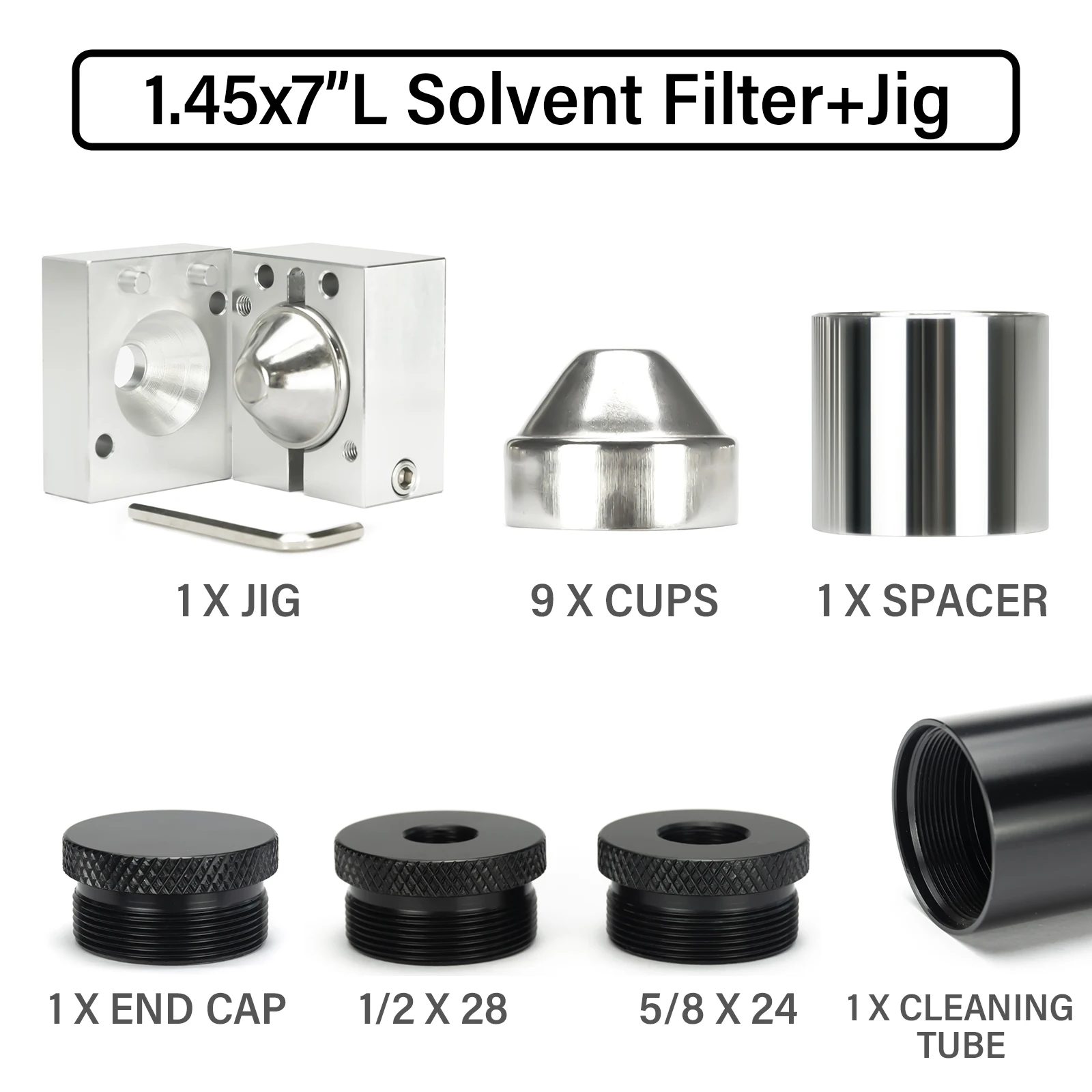 

1.45"OD 7"L Aluminum 1/2x28+5/8x24 Solvent Cleaning Filter 9pcs Stainless Steel Cups + Baffle Cups End Cap Drilling Jig Fixture