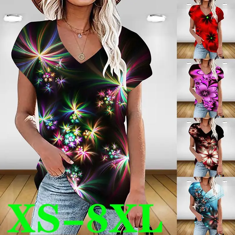 

Women's 2022 Summer Fashion Print T-Shirt V- Neck Casual Loose Short Sleeve Top XS-9XL