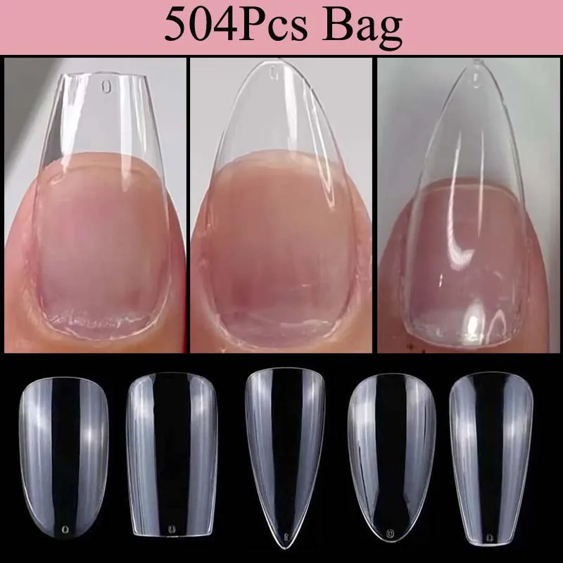 

504Pcs Bag False Nails Gel X Almond Tips Extension System Sculpted Full Cover Press On Nails Artificial Coffin Fake Nails