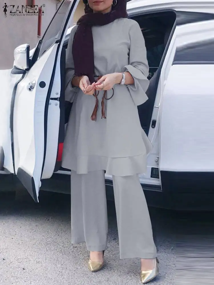 

ZANZEA Fashion Pant Sets Womens Muslim Dubai Turkey Abaya Matching Sets Casual Outifits Ruffles Hem Tracksuits Two Piece Sets