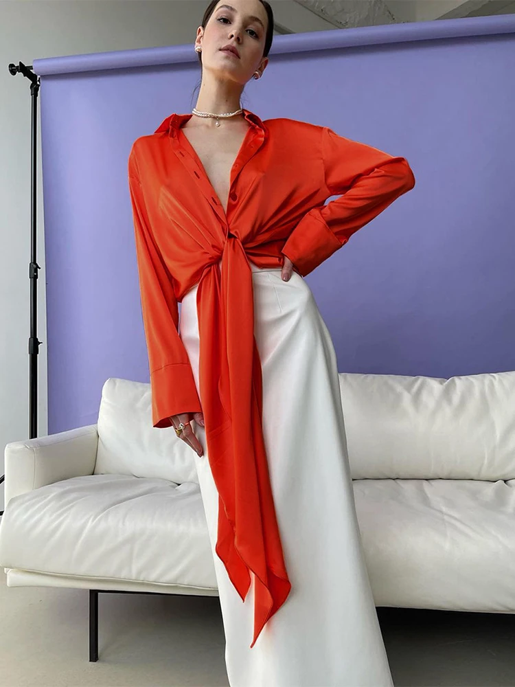 

KBAT Elegant Satin Blouses Chic Women Summer Lace-Up Long Sleeve Solid Shirts Fashion Orange Party Single Breasted Tops Women