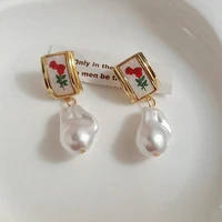 renya vintage rectangle metal rose flower earring imitation baroque romantic irregular pearl drop earring for women girl jewelry