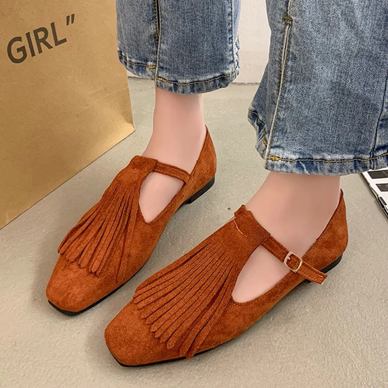 

Women Shoes Flats Sandals 2023 Spring New Fashion Square Toe Fringe Ballet Dance Walking Shoes Casual Shoes Dress Femme Zapatos