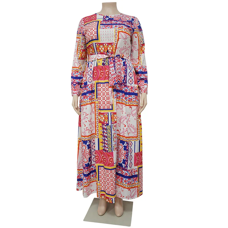 Indie Folk Ethnic O-Neck Pink Long Sleeve Pleated Skirt Vintage Print Bandage Plus Size Maxi Dress Spring Autumn Women Clothing