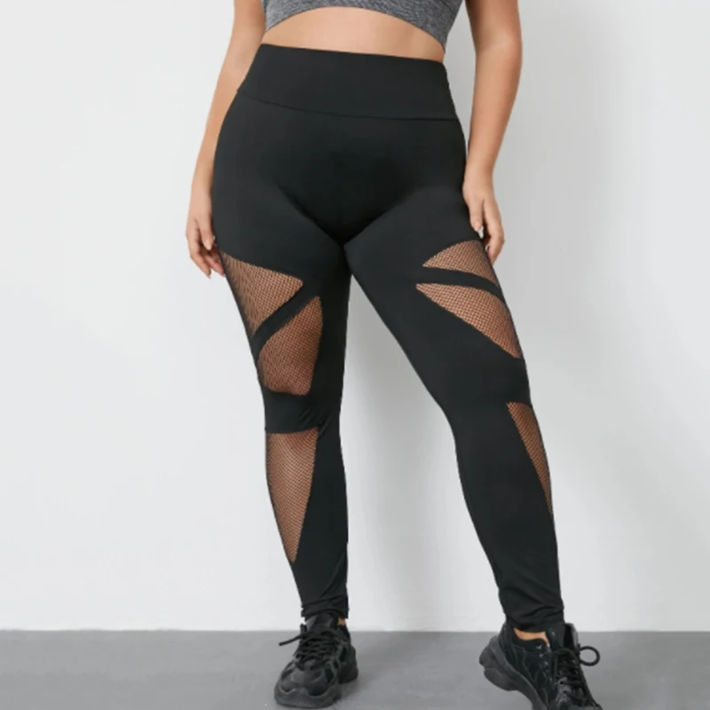 

5XL Plus Size New Fashion Women Fitness Mesh Patchwork Slim Leggings Mesh High Waist Elastic Pants Stylish Womens Outdoor Capris