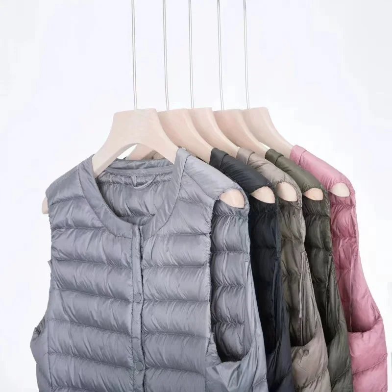 Ultralight Portable Puffer Vest Women Long Collarless 2023 New Autumn Winter Duck Down Waistcoat Sleeveless Button Feather Liner
