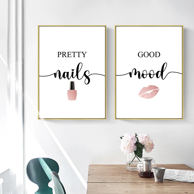 Скандинавский розовый женский красный лак для ногтей с цитатами постеры макияжа