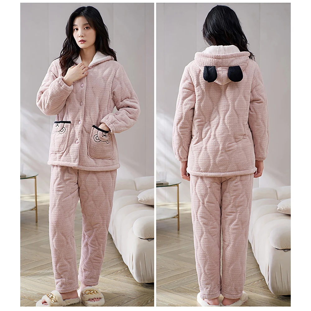Woman Winter Pajama Sets 3-layer Thicken Flannel Bear Ears Hooded Sleepwear Casual Loose Female Comfortable Patchwork Pijama Set
