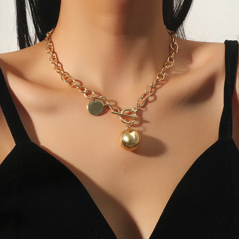 

Ingemark Hip Hop Round Ball Round Pendant Choker Necklace for Women Punk Gold Color OT Buckle Lariat Lasso Chain Neck Jewelry
