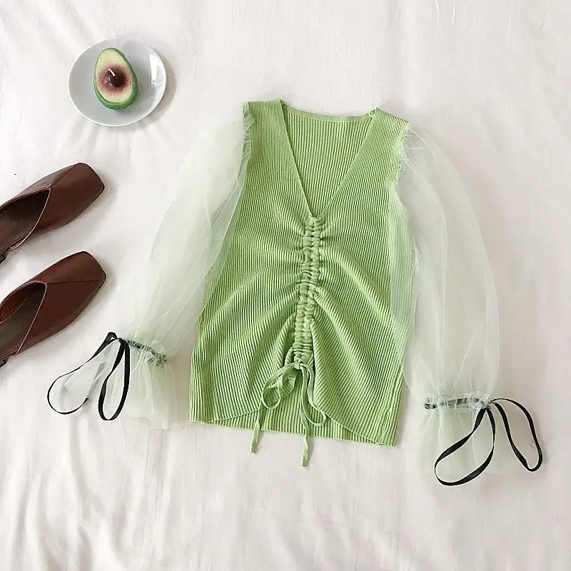 

Весна-Осень 2022, новый стиль, корейский темпераментный мягкий сетчатый пуловер со шнуровкой и V-образным вырезом, вязаная рубашка, Топ