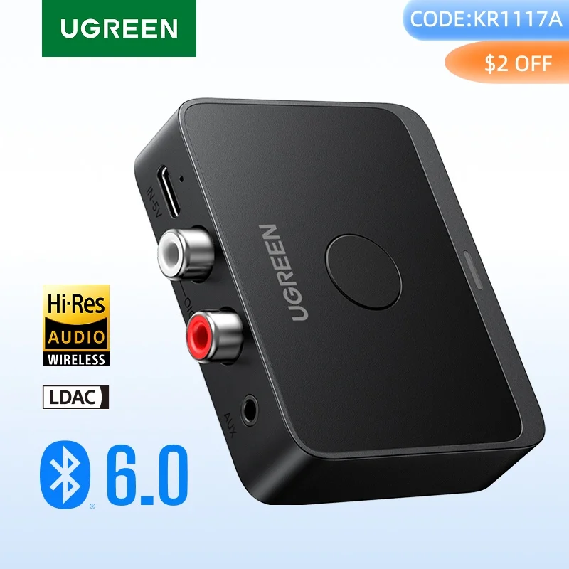 Фото UGREEN AUX Bluetooth-приемник LDAC AAC Hi-Fi 3,5 мм разъем 2RCA RCA аудио Bluetooth 6,0 адаптер приемники 15 часов для автомобильного динамика ПК №1