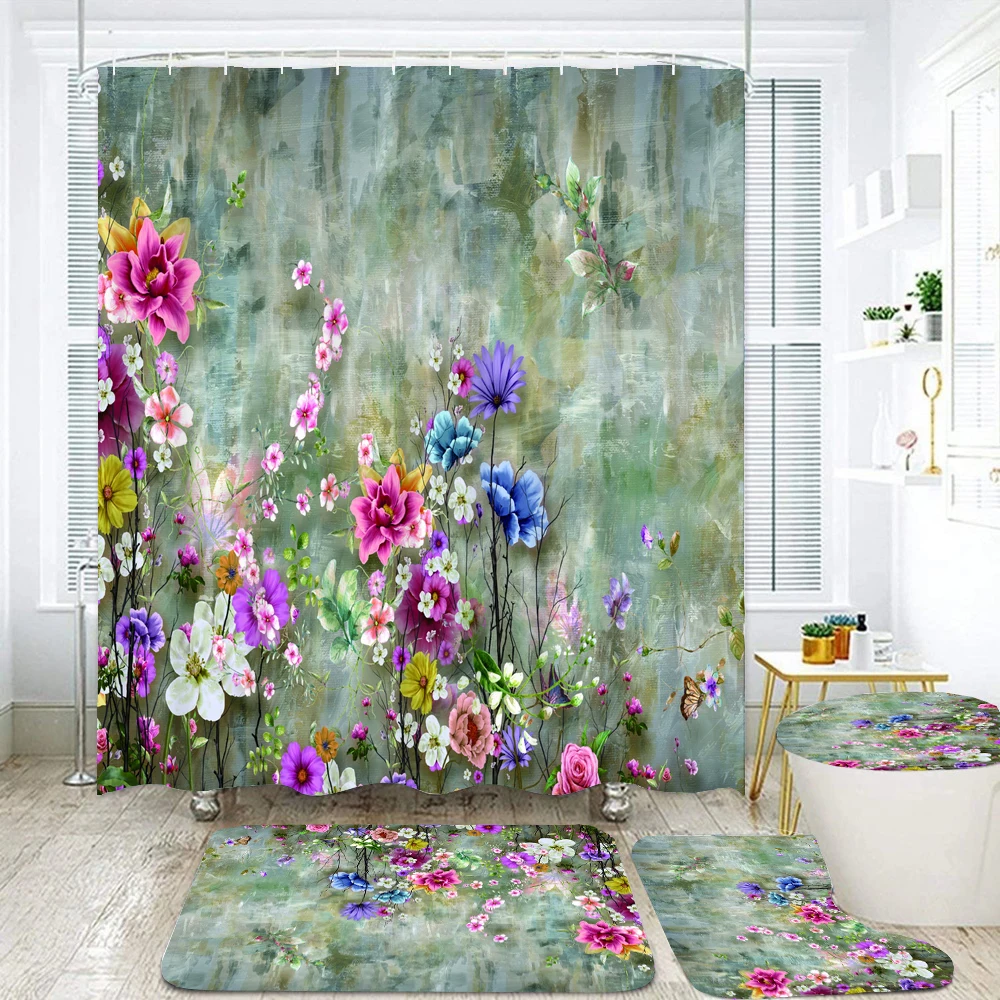 

Beautiful Watercolor Flowers Print Shower Curtain Floral Bathroom Curtains Set Bath Mat Non-Slip Carpet Toilet Lid Cover Decor