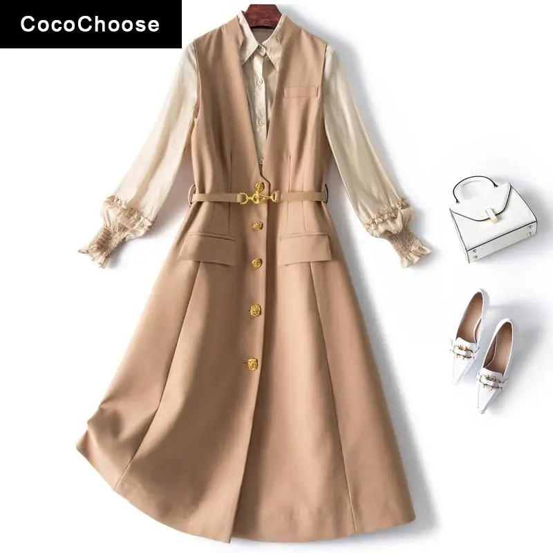 

Elegant Women Vest Dress Sets Spring 2022 High-end Lantern Sleeve Shirts Top and Button Dresses Business Office 2 Piece Outfits