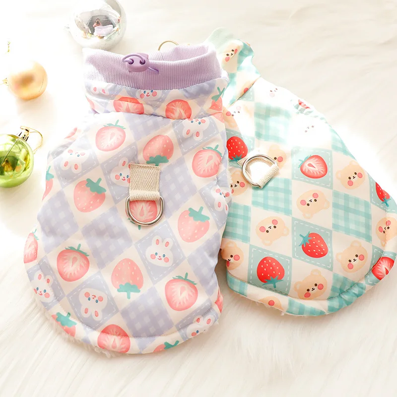 

Хлопковое пальто с клубничкой, одежда для собак с принтом, женская одежда, Симпатичные Йорки для осени и зимы, фиолетовая одежда для собак дл...