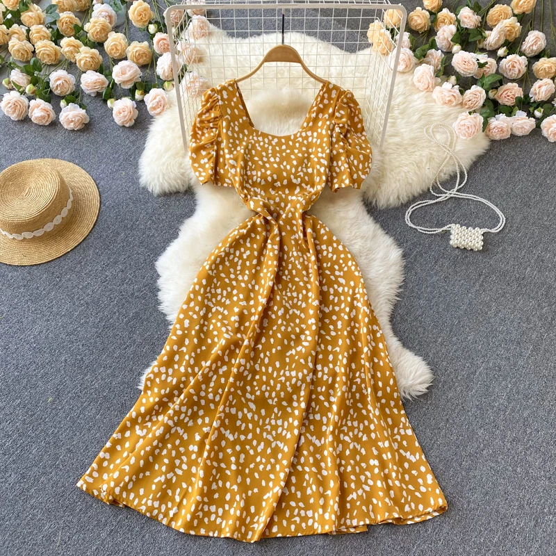 

Модное платье с квадратным вырезом и рукавом-пузырьком, женское летнее платье с коротким рукавом, новинка 2021, облегающее большое платье-тра...