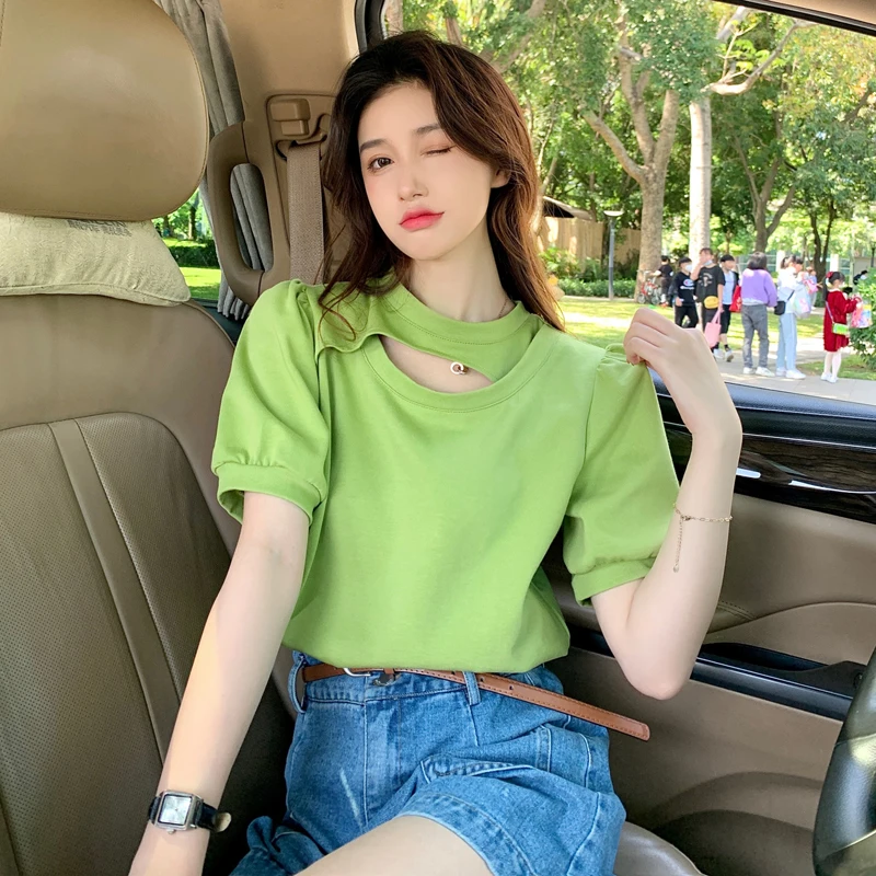 

Футболка женская базовая с вырезами, однотонная свободная простая хлопковая рубашка с рукавами-фонариками в Корейском стиле, зеленая Студенческая одежда в стиле Харадзюку, на лето