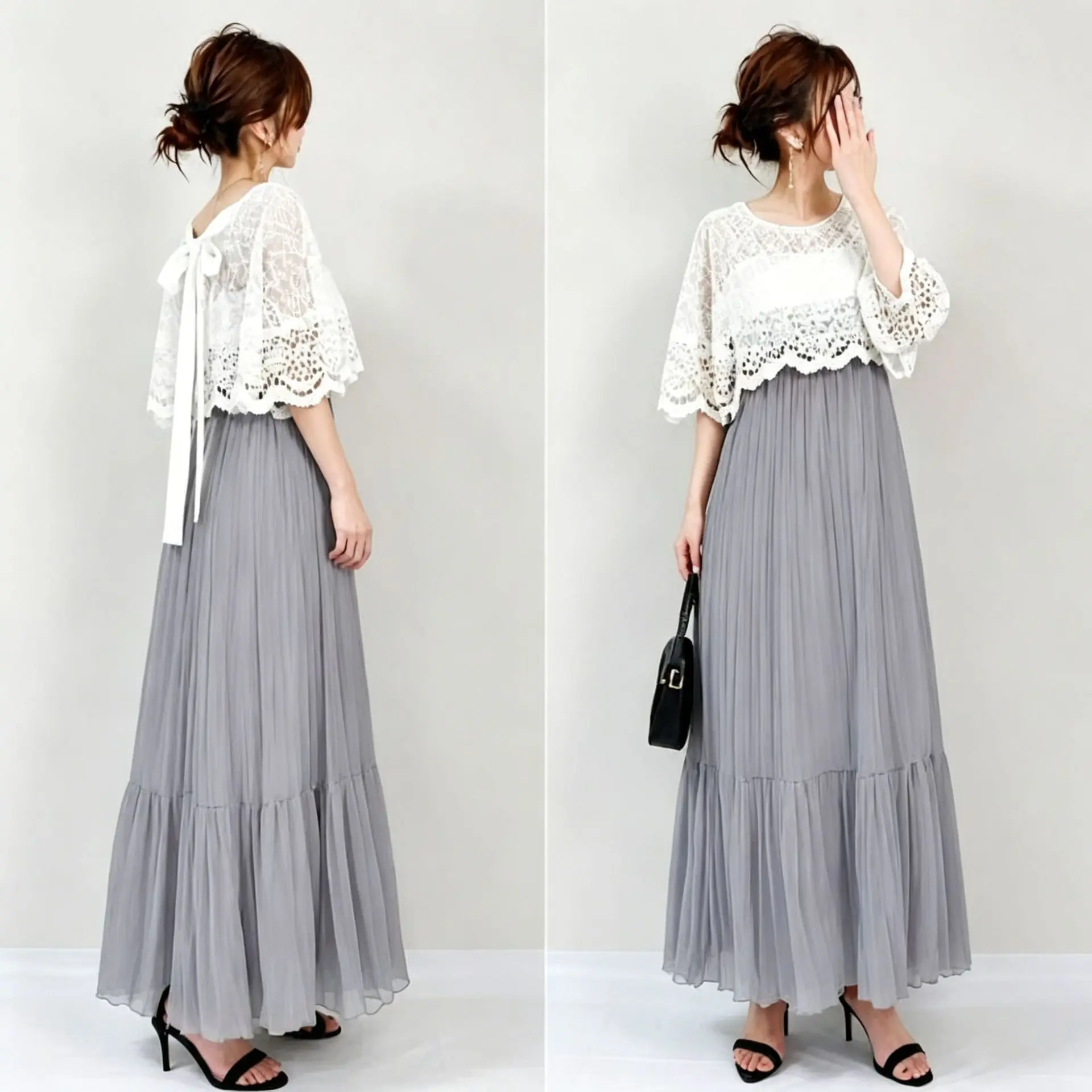 Фото Новый комплект Lady Cloth6 из двух предметов: топ с круглым вырезом, бантом на спине и короткими рукавами из кружева, плиссированная юбка, одежда в стиле бохо. №1