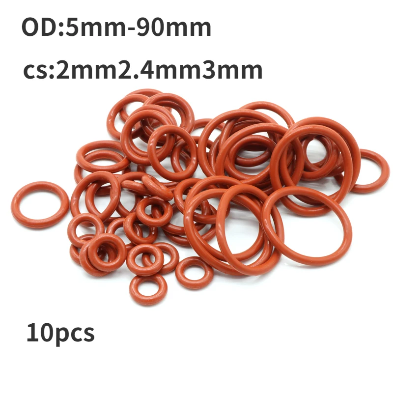 

10pcs CS 2/2.4/3mm Red Silicone O-ring Outer Diameter 5-90mm Food Grade Gasket Gasket Waterproof Insulation -35℃~200℃