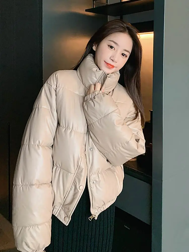 GRELLER Winter Warm Thick PU Leather Coats Women Short Parkas Fashion Black Cotton Padded Lady Down Jacket Zipper Clothes 2022