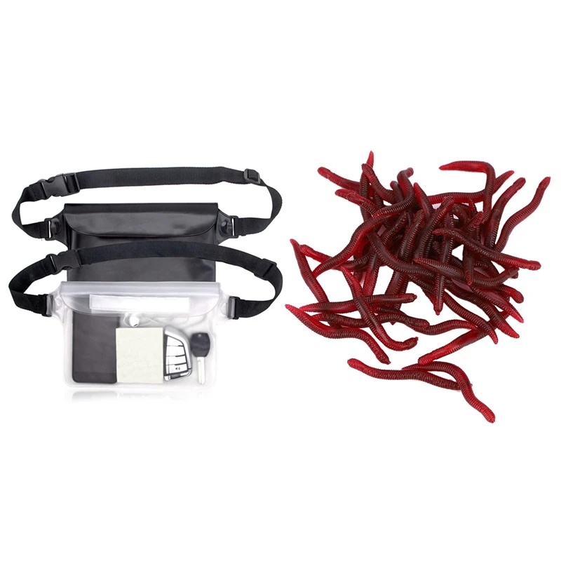 

2 Pcs Waterproof Pouch Bag Case With Adjustable Waist Strap Black+White & 100 Pcs Soft Lures Sets Silicone Swimbait