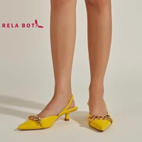 solid color back trip strap metal chain toe sandals with low heels pointed toes for women leather fashion thin with women shoes