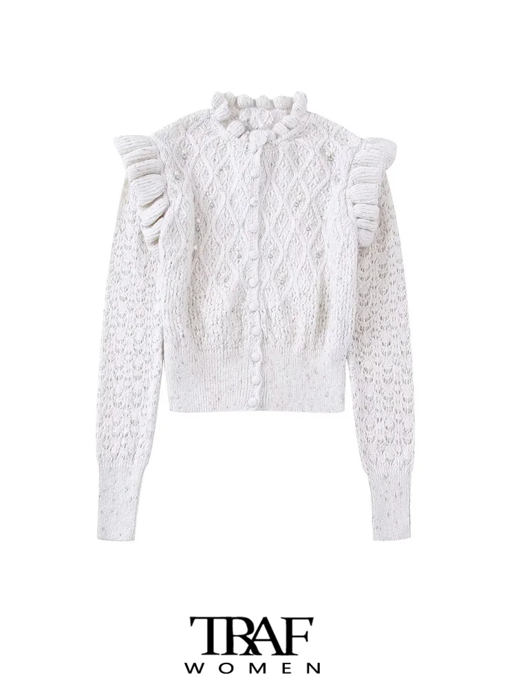 

TRAF Women Fashion With Ruffled Pearl Knit Cardigan Sweater Vintage Long Sleeve Front Button Female Outerwear Chic Tops