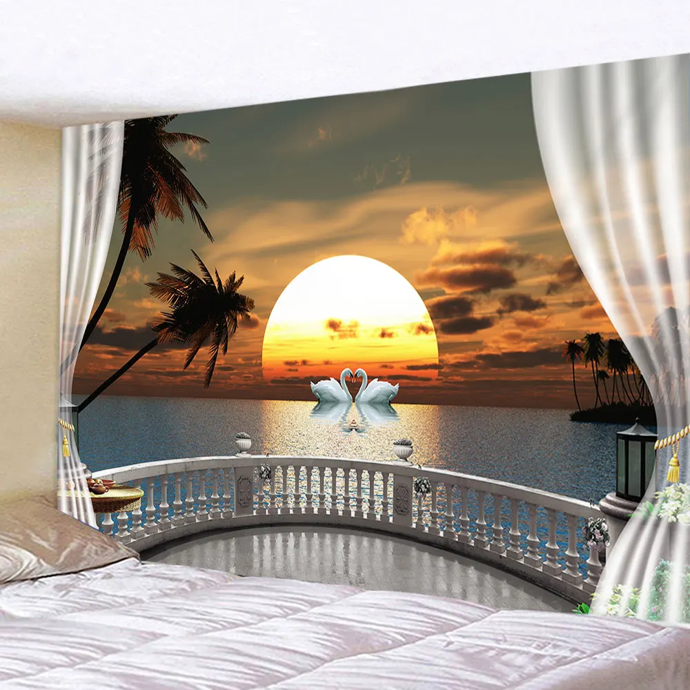 

Bedroom Decor Aesthetic Tapestry 3D Imitation Window Forest Lake Landscape Wall Hanging Home Living Room Dorm Decor Cute Blanket