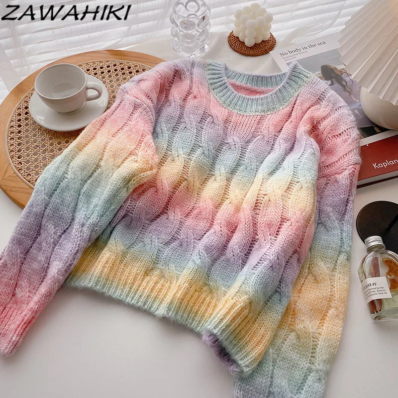 

ZAWAHIKI Sweaters Women Fashion Autumn Winter Contrast Color Korean Tie Dye Long Sleeve Knit Tops Long Sleeve Sweater Pullover