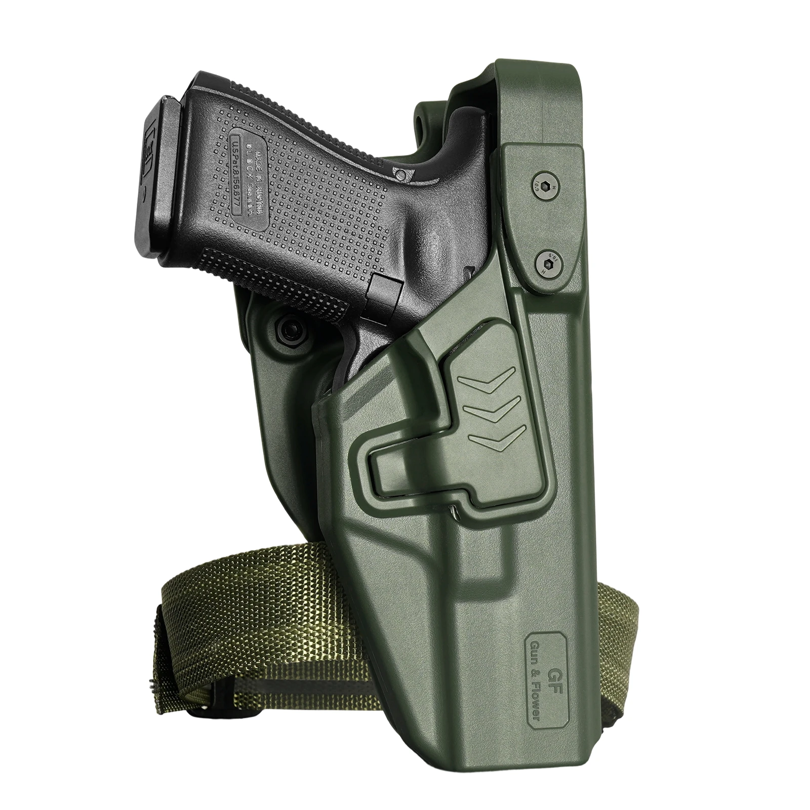 Фото Для Glock 17/19/19x/23/31/32/45 (1-5 поколений), G22 (1-4 поколения), уровень защиты III, кобура OWB, зеленая кобура, замок, поясная сумка, полимерный ремень с фиксацией. №1