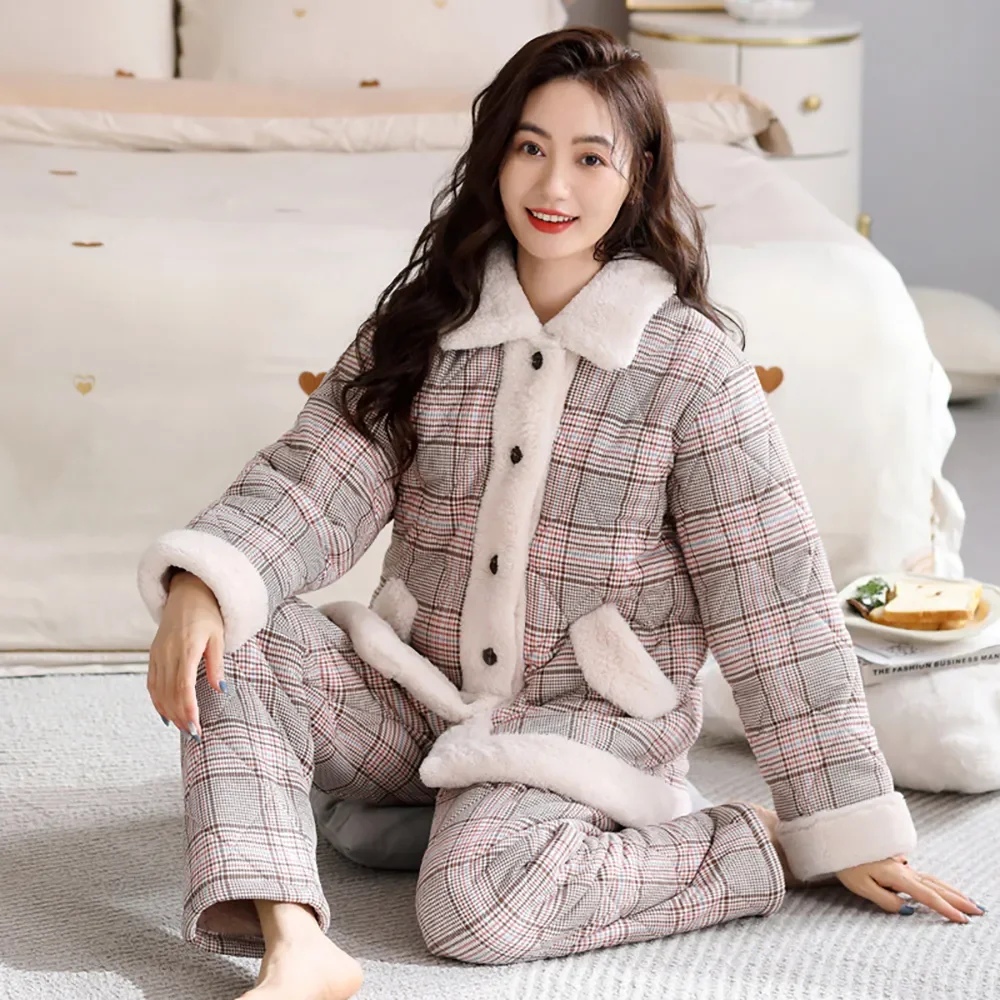 

Flannel Fashion Plaid Inner Layer Mujer Antistatic Warm Cotton Set Winter Loungewear Pijama 100% Women 3-layer Thicken Pajamas